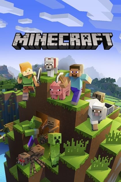 Portada del juego Minecraft con Steve, Alex y varios mobs